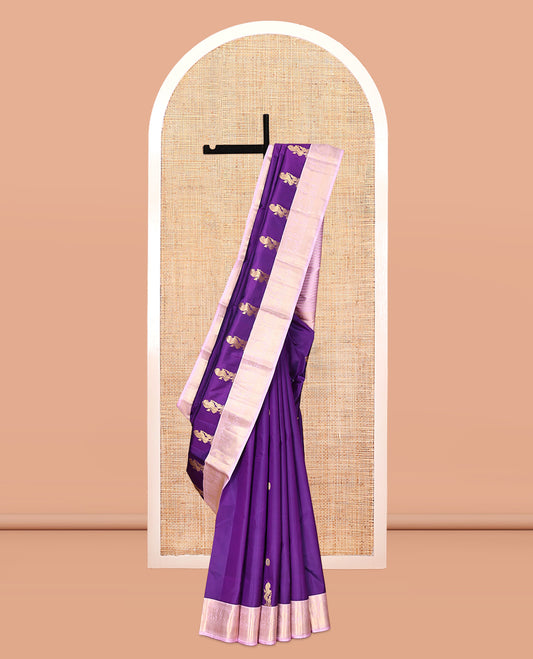 Violet Vasundhara Silk Saree, Elevated with Zari Buttas, Contrast Border of Thilakam, Mayil, Yaanai, and Kuthirai Designs, Grand Pallu, and Contrast Blouse