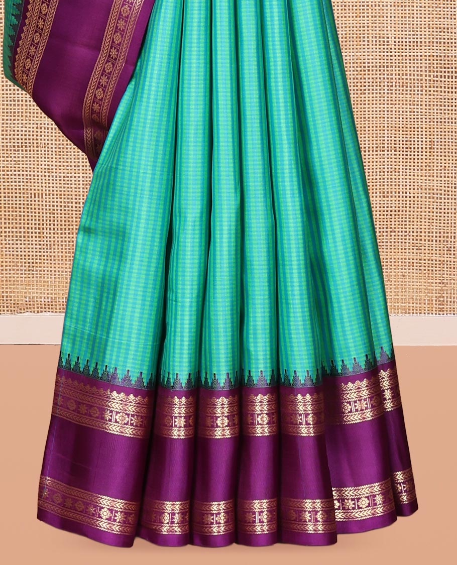Turquoise Checked Vasundhara Silk Saree, Contrast Rettai Pettu Border of Rekku, Salngai, Kathir, Banaras, Star Vanki, and Kamalam, Pallu of Iruthalai Pakshi, and Yaali, and a Contrast Blouse