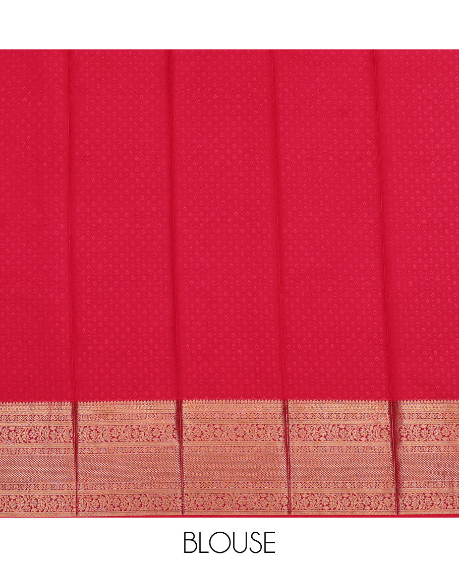 Pink floral chevron jacquard Kanchipuram wedding silk saree, contrast traditional zari design border, and jaal pallu