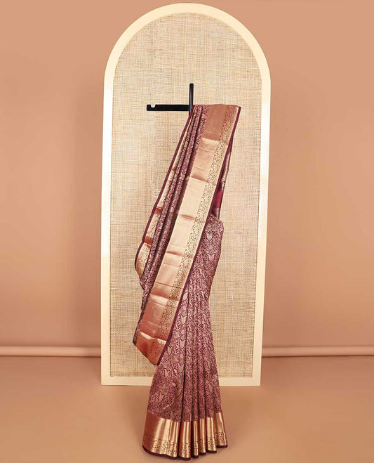 Moroon floral jacqaurd kancheepuram silk saree with self border of muthu, banaras, floral design & zari design pallu