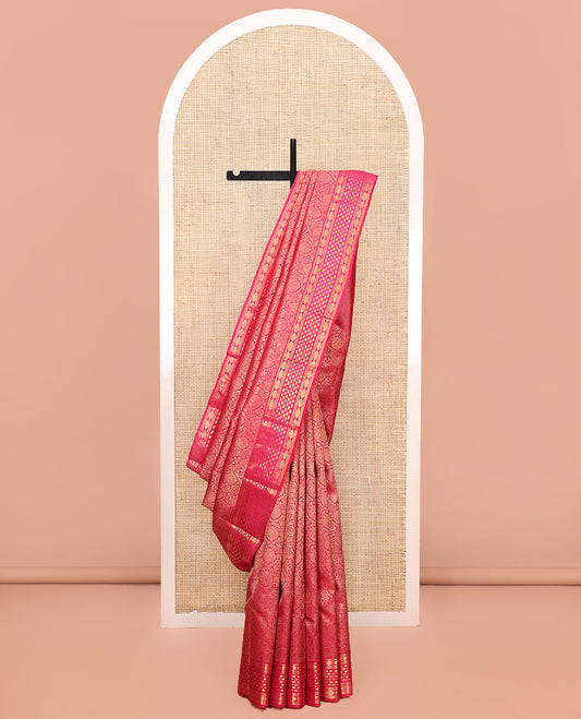 Pink Kanchipuram Wedding Silk Saree, Elegantly Highlighted with Jacquard Design on Its Body, Highlighted by Zari Border of Kathir, Chakram, and Rudraksham Designs, Grand Jaal Pallu, and Paired with a Matching Blouse