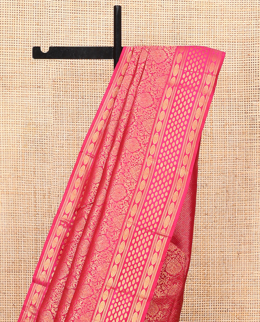 Pink Kanchipuram Wedding Silk Saree, Elegantly Highlighted with Jacquard Design on Its Body, Highlighted by Zari Border of Kathir, Chakram, and Rudraksham Designs, Grand Jaal Pallu, and Paired with a Matching Blouse
