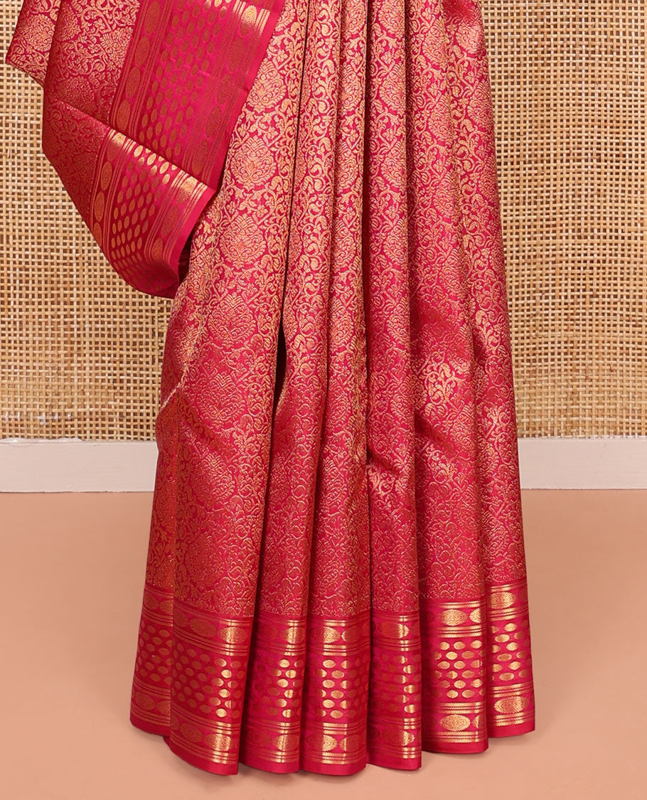 Pink Kanchipuram Wedding Silk Saree, Elegantly Highlighted with Jacquard Design on Its Body, Highlighted by Zari Border of Kathir, Chakram, and Rudraksham Designs, Grand Jaal Pallu, and Paired with a Matching Blouse