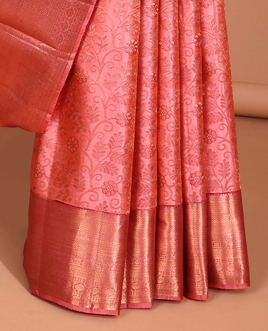 Red floral jacquard kancheepuram silk saree with contrast zari border & argyle zari design pallu