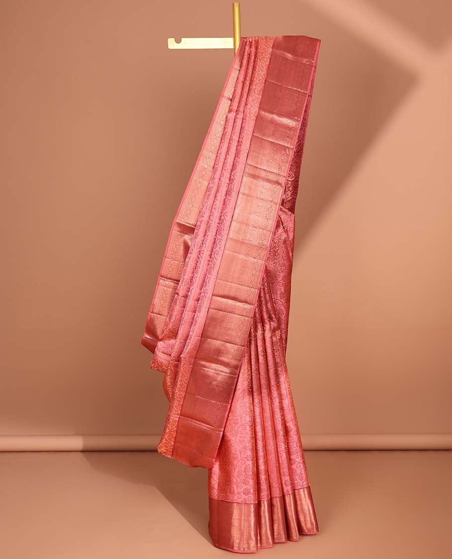 Red floral jacquard kancheepuram silk saree with contrast zari border & argyle zari design pallu