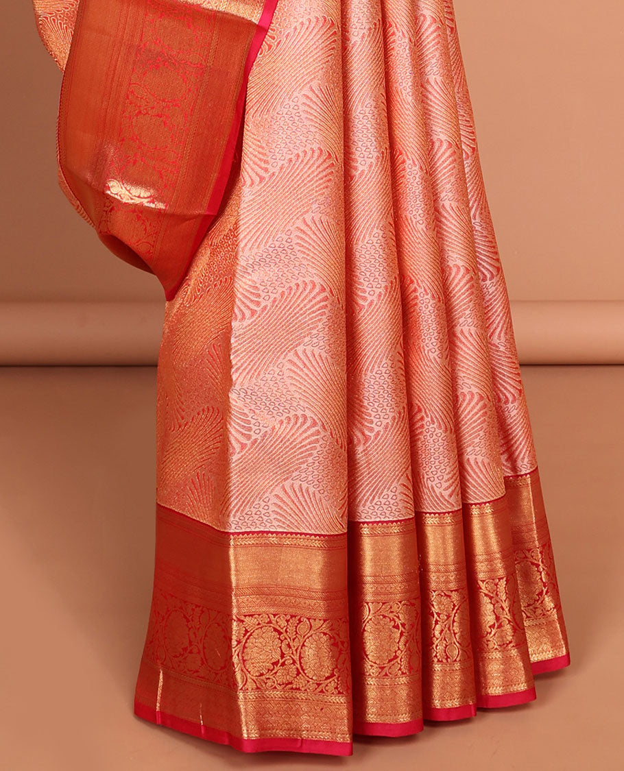 Red unique zari design kancheepuram silk saree with contrast border of rekku, muthu, kodi visiry design & zari design pallu