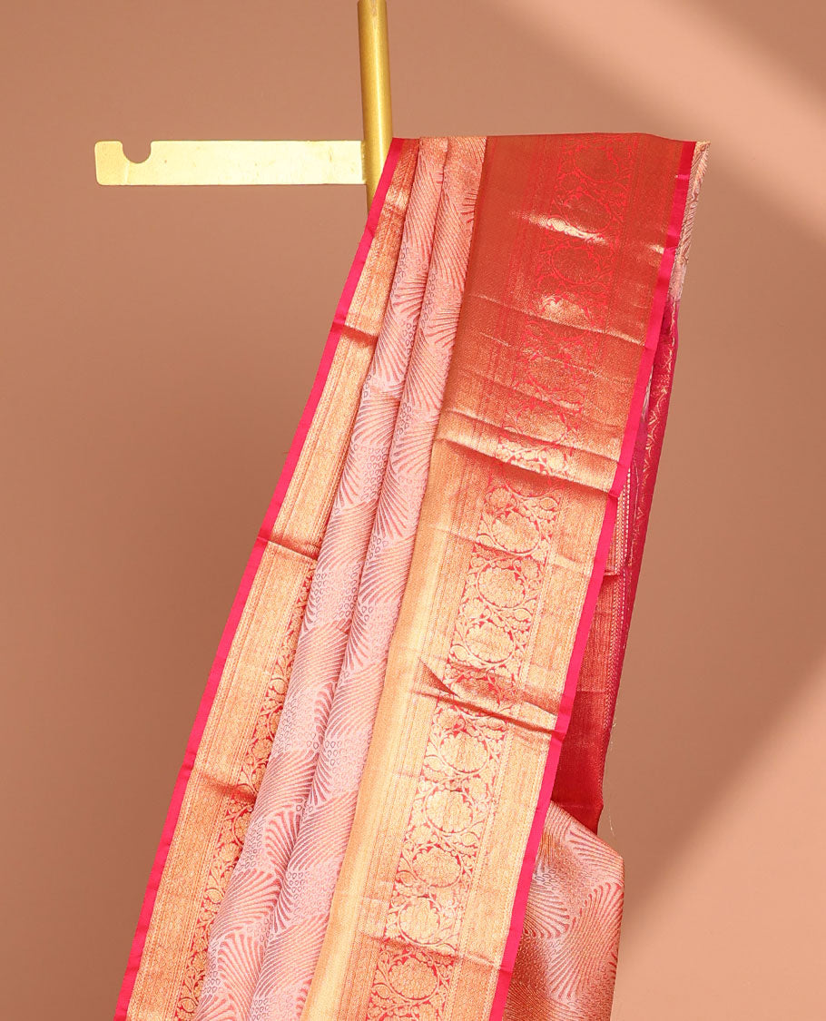 Red unique zari design kancheepuram silk saree with contrast border of rekku, muthu, kodi visiry design & zari design pallu