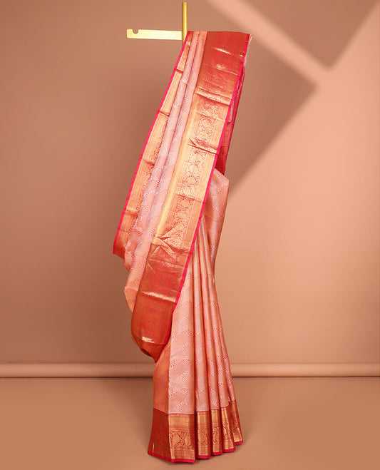 Red unique zari design kancheepuram silk saree with contrast border of rekku, muthu, kodi visiry design & zari design pallu
