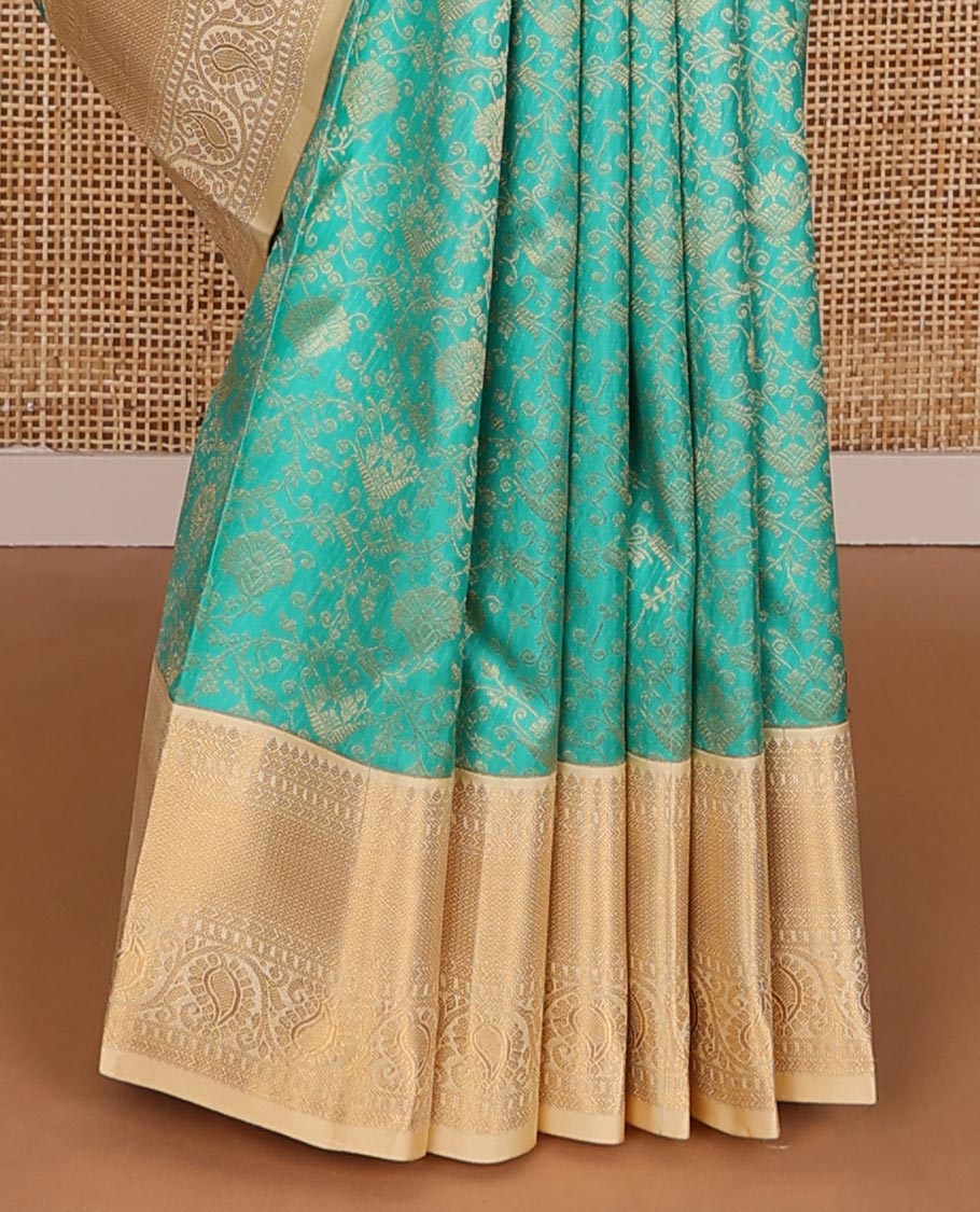 Blue floral jacquard kanchipuram wedding silk saree, contrast zari border of thilakam, mayil kann & kodi manga & ogee patterned pallu