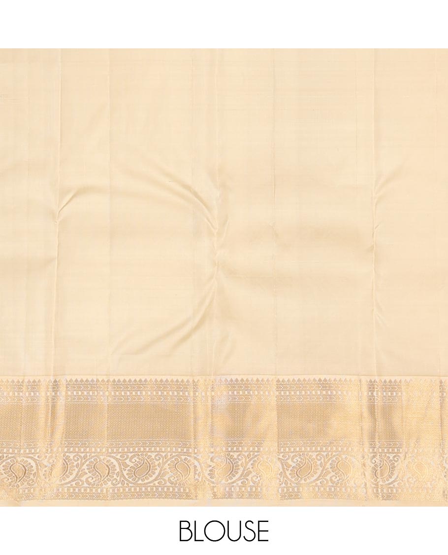 Blue floral jacquard kanchipuram wedding silk saree, contrast zari border of thilakam, mayil kann & kodi manga & ogee patterned pallu