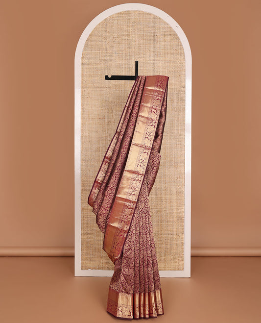 Maroon floral-paisley jaal jacquard wedding silk saree, intricate pallu & zari border of rekku, poun, vanki & kodi visiry design