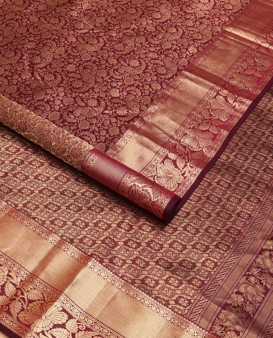 Maroon floral-paisley jaal jacquard wedding silk saree, intricate pallu & zari border of rekku, poun, vanki & kodi visiry design