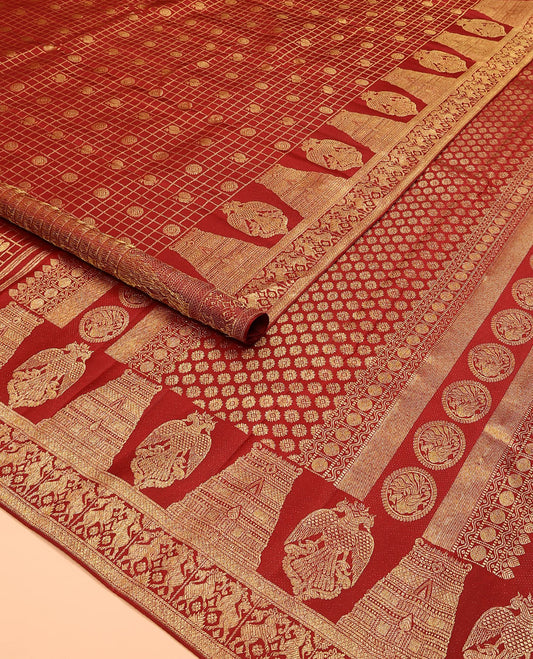 Terracotta red annam chakram with checked kanchipuram silk saree, zari border of gopuram, iruthalai pakshi, mayil kann, and yaali designs, and intricate pallu