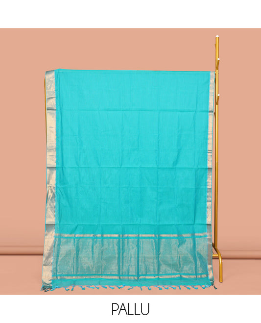 Turquoise Sparsely Striped Mangalgiri Cotton Saree, Highlighted by a Zari Border, Gleaming Zari-Striped Pallu, and Paired with a Matching Blouse Blouse