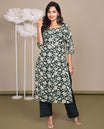 Green Cotton Kurti Featuring Kalamkari-Style Floral Vine Print, Round Front-Neck, 3/4th Sleeve, Straight-Cut, and Below-Knee Length