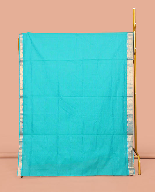 Turquoise Sparsely Striped Mangalgiri Cotton Saree, Highlighted by a Zari Border, Gleaming Zari-Striped Pallu, and Paired with a Matching Blouse Blouse