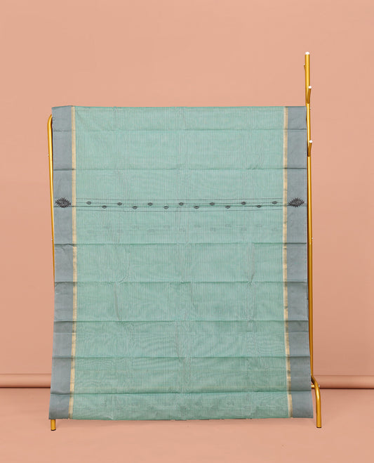 Pale Blue Kanchi Cotton Saree, Subtly Woven with Buttas and Stripes All Over Its Body, Complemented by Contrast Unique Motif Border, Intricate Pallu and Paired with a Matching Blouse