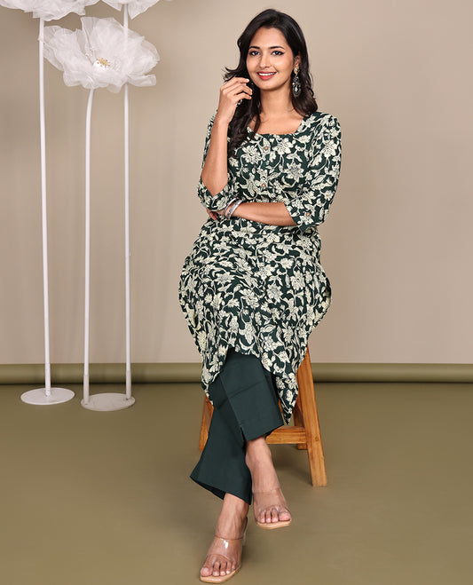 Green Cotton Kurti Featuring Kalamkari-Style Floral Vine Print, Round Front-Neck, 3/4th Sleeve, Straight-Cut, and Below-Knee Length