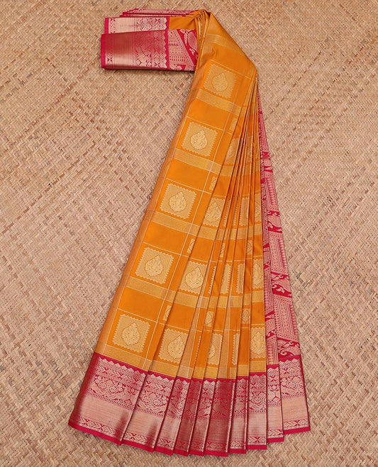 Orange zari buttas and checked gift saree, contrast traditional zari design border, and intricate pallu