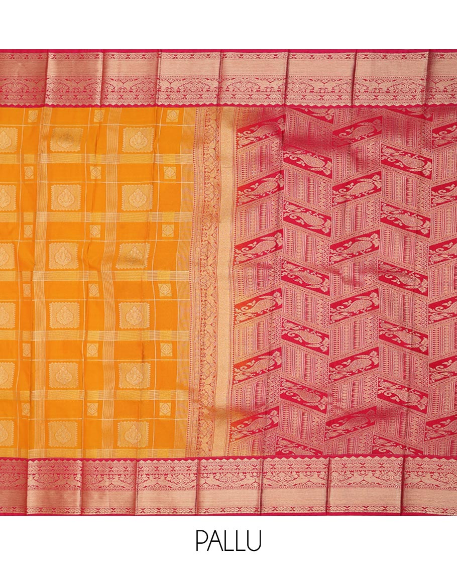 Orange zari buttas and checked gift saree, contrast traditional zari design border, and intricate pallu