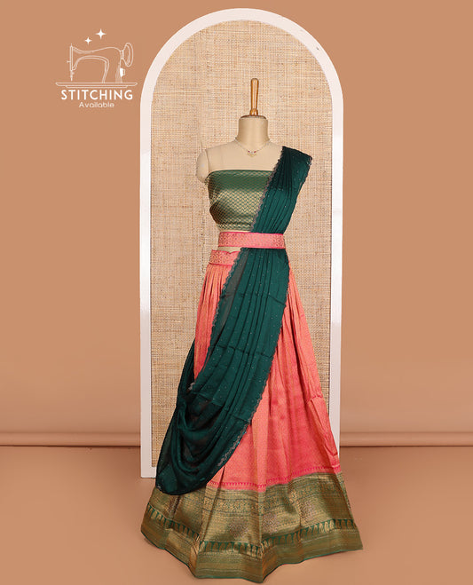 Red art silk half-saree, brocade with contrast traditional border skirt, contrast brocade blouse, scallop stone work dhavani, and detachable belt