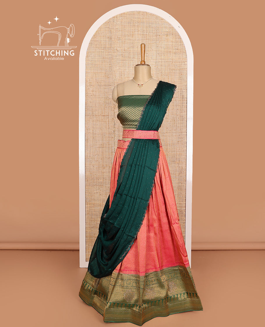 Red art silk half-saree, brocade with contrast traditional border skirt, contrast brocade blouse, scallop stone work dhavani, and detachable belt
