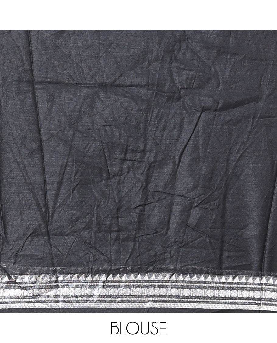 Grey art-silk half-saree, plain with contrast traditional design bordered skirt, contrast blouse, and plain zari bordered dhavani