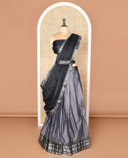 Grey art-silk half-saree, plain with contrast traditional design bordered skirt, contrast blouse, and plain zari bordered dhavani
