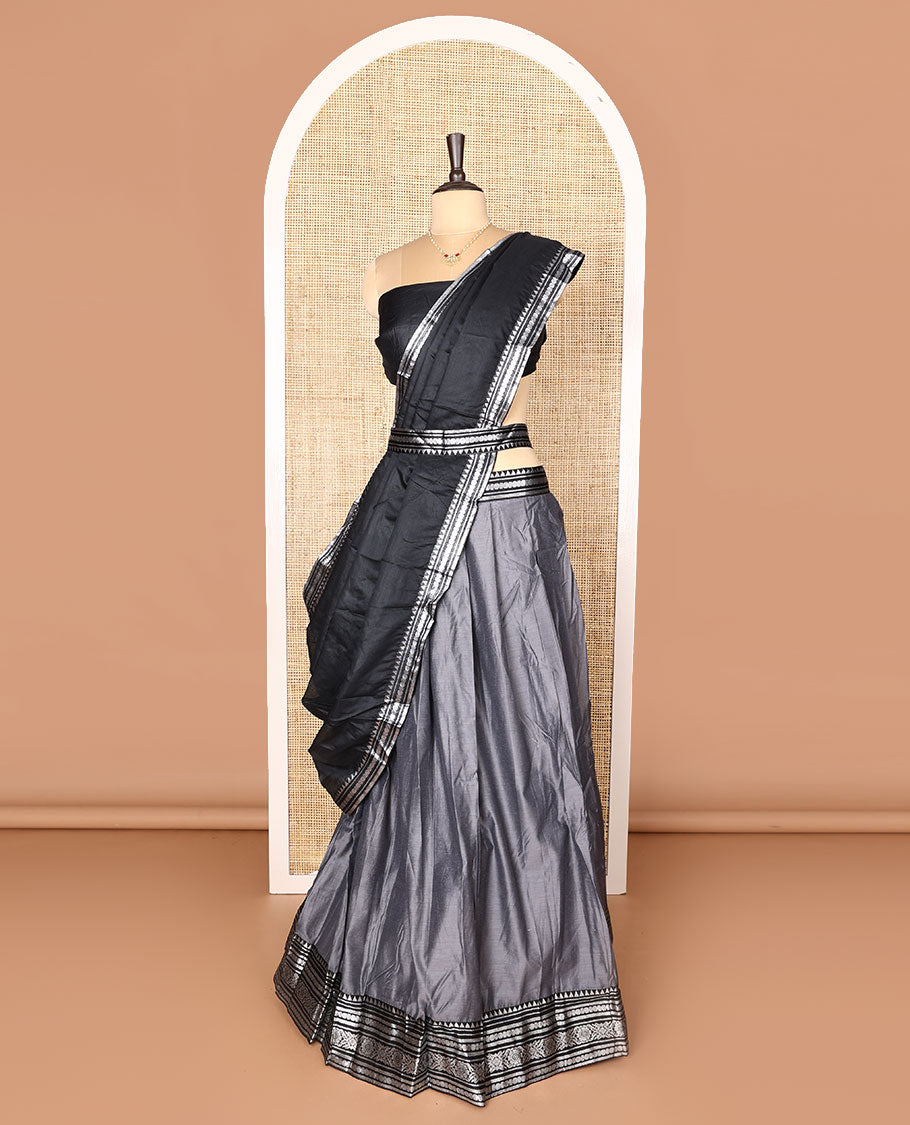 Grey art-silk half-saree, plain with contrast traditional design bordered skirt, contrast blouse, and plain zari bordered dhavani