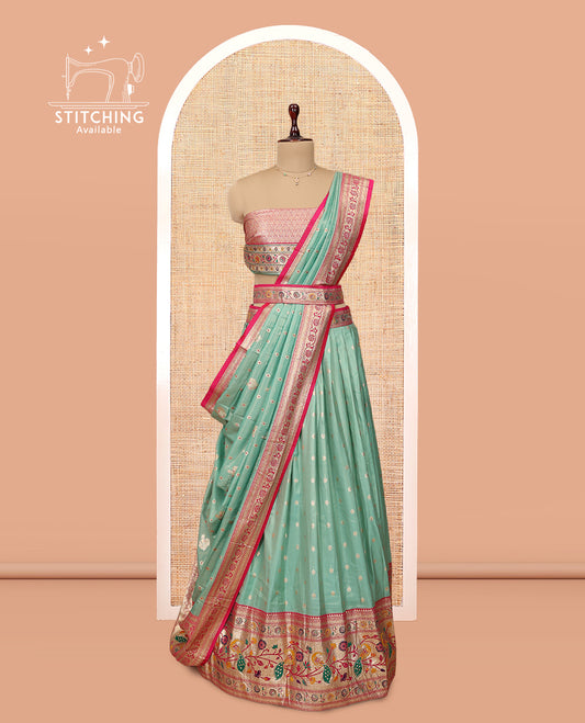 Green Banarasi Half-Saree, Crafted with Zari Buttas Skirt, a Contrast Paithani-Style Border, Contrast  Blouse, and Matching Dupatta