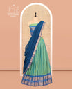 Aqua Cotton Half-Saree Features Plain Skirt, a Contrast Traditional Zari Temple Border, a Matching Blouse, and a Contrast Dhavani