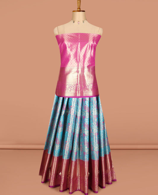 Ananda Blue art silk half saree, floral meena jacquard with contrast traditional zari border, jacquard contrast blouse and zari woven dhavani