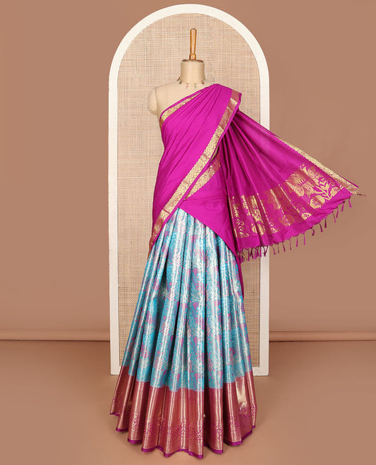Ananda Blue art silk half saree, floral meena jacquard with contrast traditional zari border, jacquard contrast blouse and zari woven dhavani