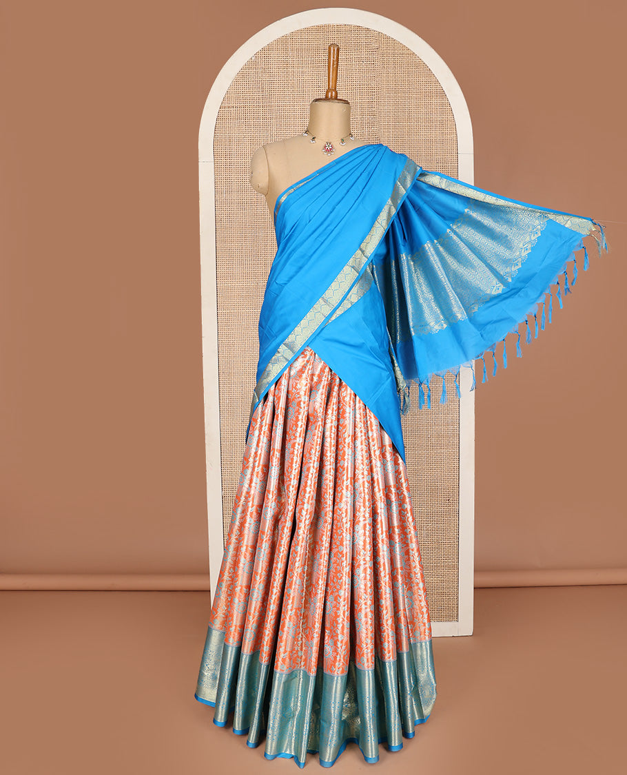 Orange art silk half-saree pavadai material, jacquard with contrast traditional border skirt, jacquard blouse, and zari design dhavani
