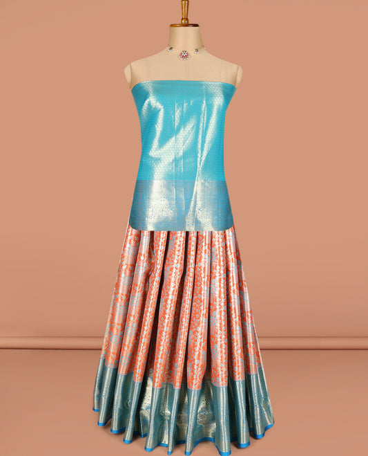 Orange art silk half-saree pavadai material, jacquard with contrast traditional border skirt, jacquard blouse, and zari design dhavani