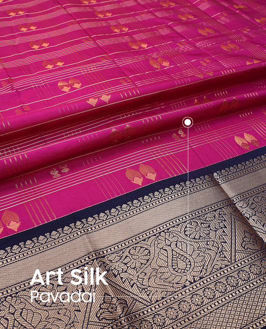 Rani pink art silk pavadai set, zari design with contrast traditional zari bordered skirt and a contrast zari design blouse