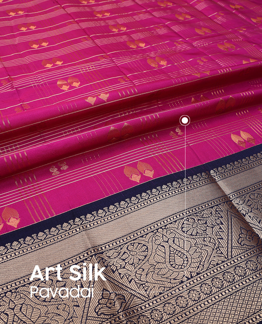 Rani pink art silk pavadai set, zari design with contrast traditional zari bordered skirt and a contrast zari design blouse