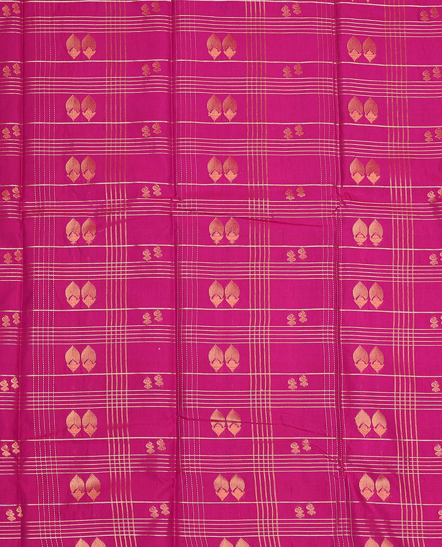 Rani pink art silk pavadai set, zari design with contrast traditional zari bordered skirt and a contrast zari design blouse