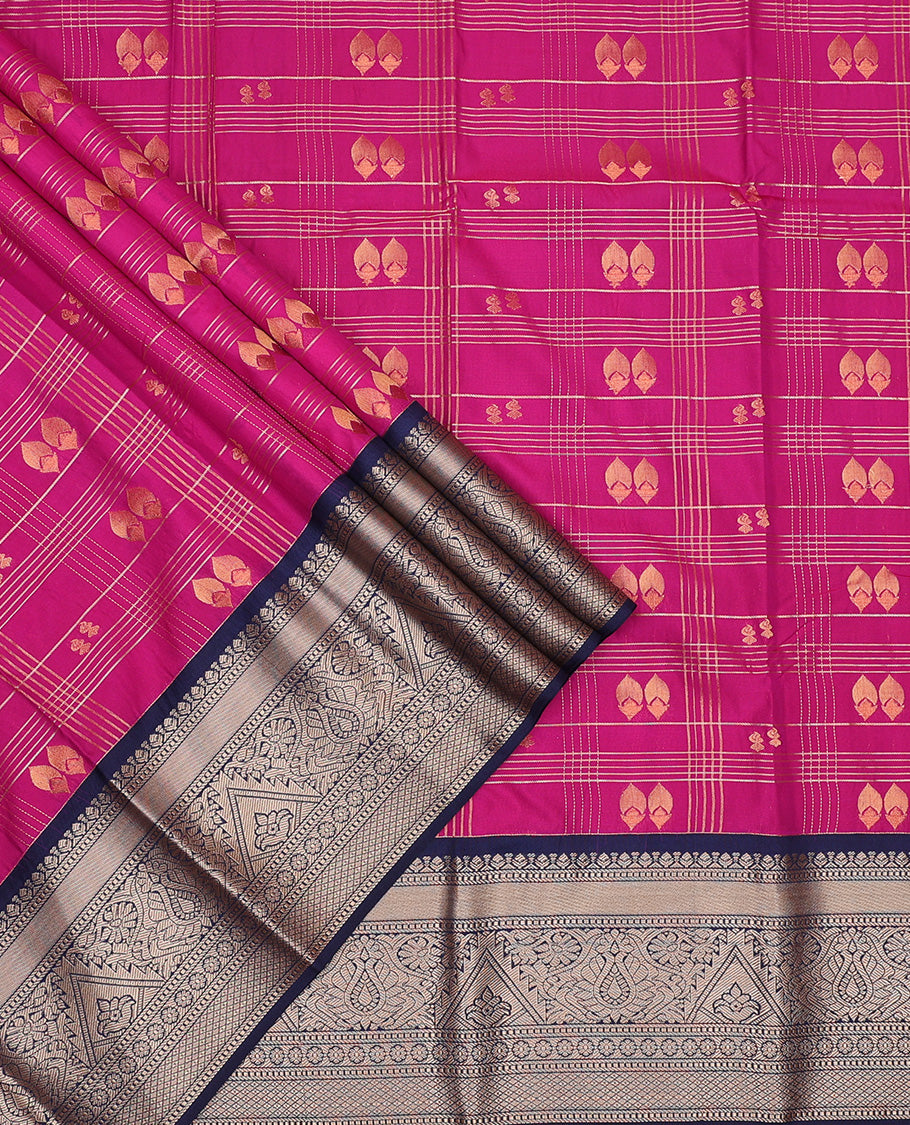 Rani pink art silk pavadai set, zari design with contrast traditional zari bordered skirt and a contrast zari design blouse