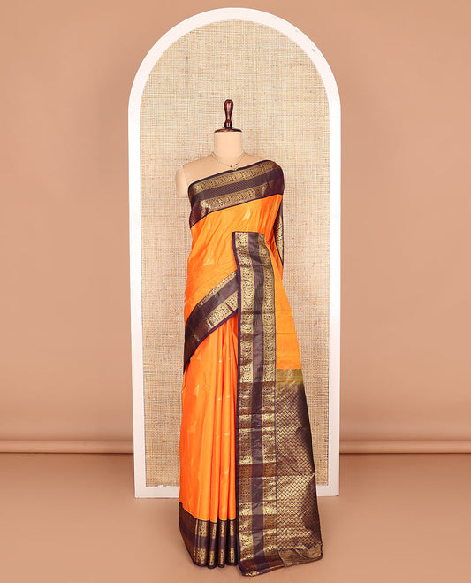 Orange zari buttas budget silk saree, contrast varisai pettu traditional zari design border, and scallop design pallu