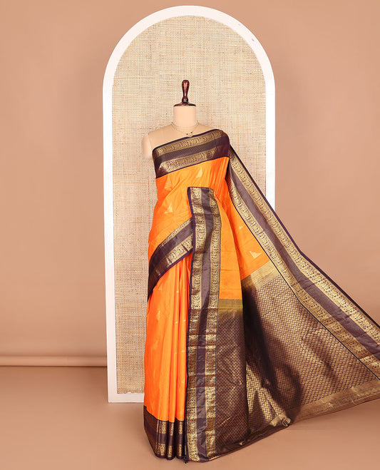 Orange zari buttas budget silk saree, contrast varisai pettu traditional zari design border, and scallop design pallu