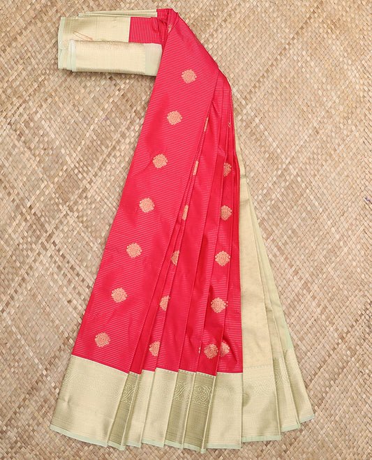 Pink zari buttas and striped budget silk saree, contrast traditional zari border, and intricately woven pallu