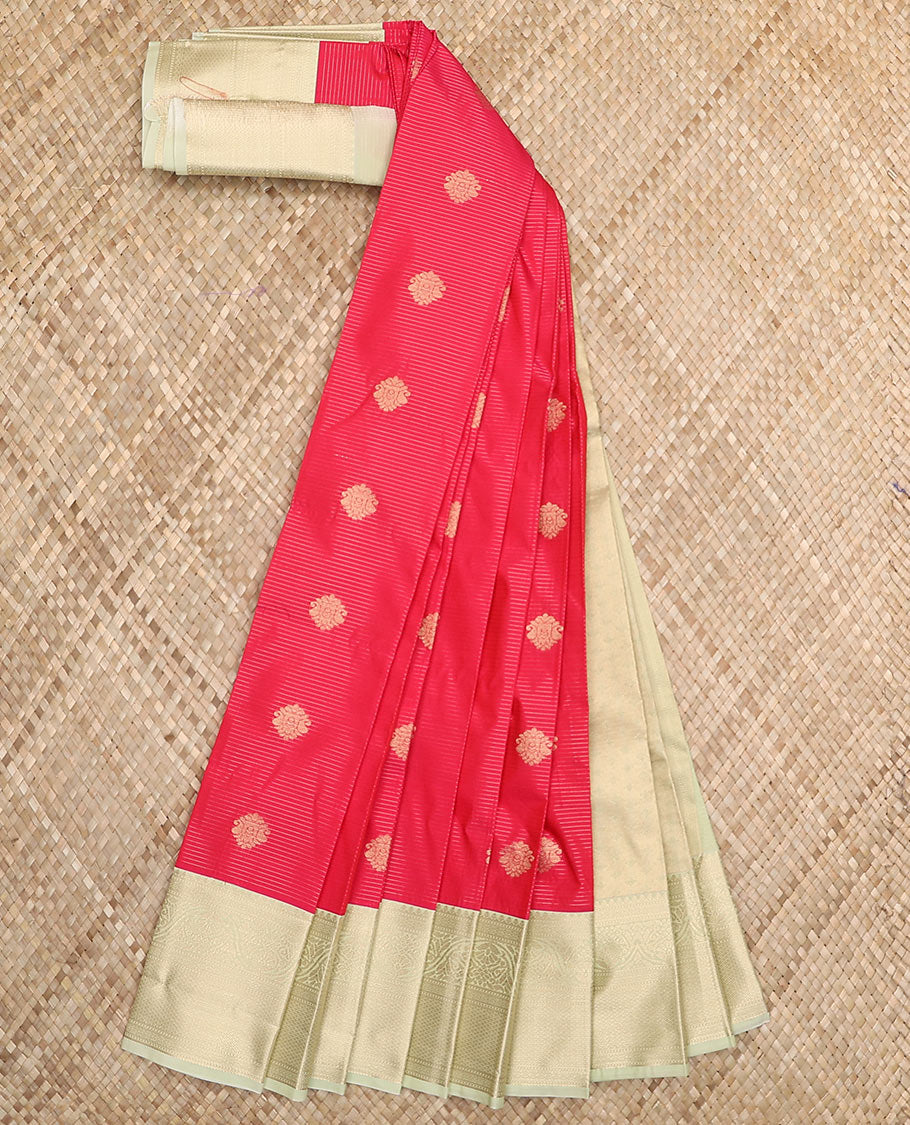 Pink zari buttas and striped budget silk saree, contrast traditional zari border, and intricately woven pallu
