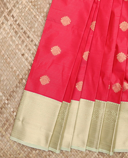 Pink zari buttas and striped budget silk saree, contrast traditional zari border, and intricately woven pallu