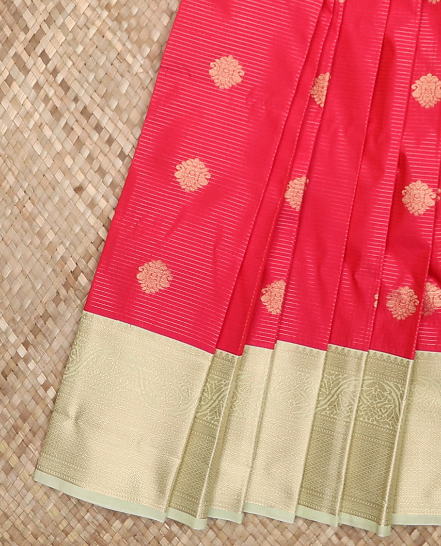 Pink zari buttas and striped budget silk saree, contrast traditional zari border, and intricately woven pallu