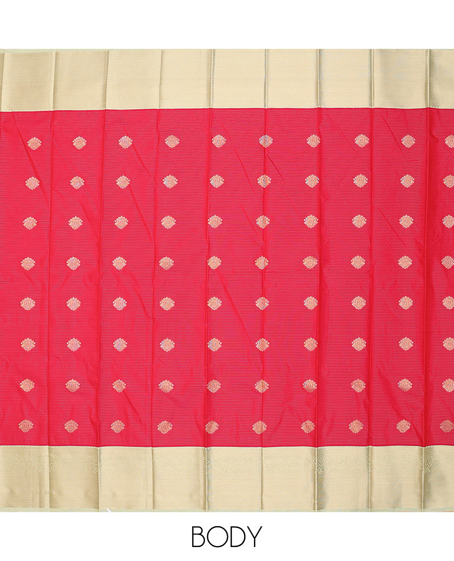 Pink zari buttas and striped budget silk saree, contrast traditional zari border, and intricately woven pallu