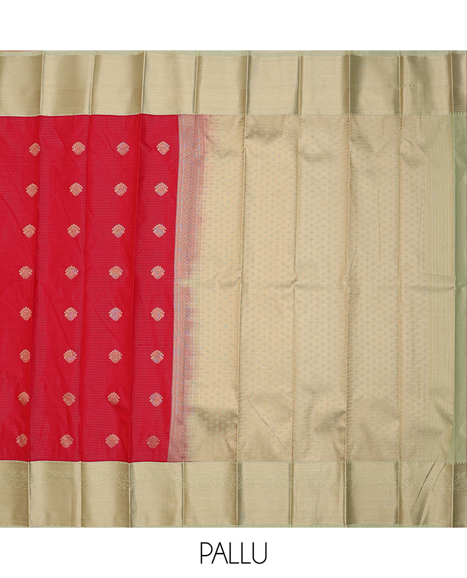 Pink zari buttas and striped budget silk saree, contrast traditional zari border, and intricately woven pallu