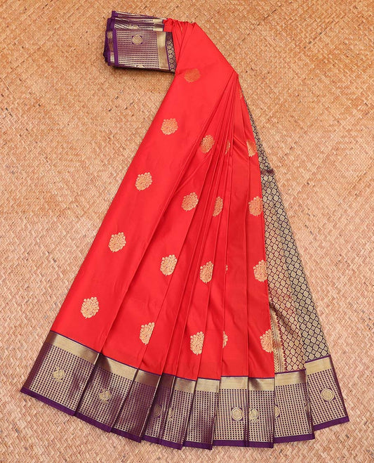 Red Budget Silk Saree, Enriched with Zari Buttas All Over Its Body, Complemented by a Contrast Checked Zari Border of Peacock-Chakram Designs, Intricately Designed Pallu, and Paired with a Contrast Blouse