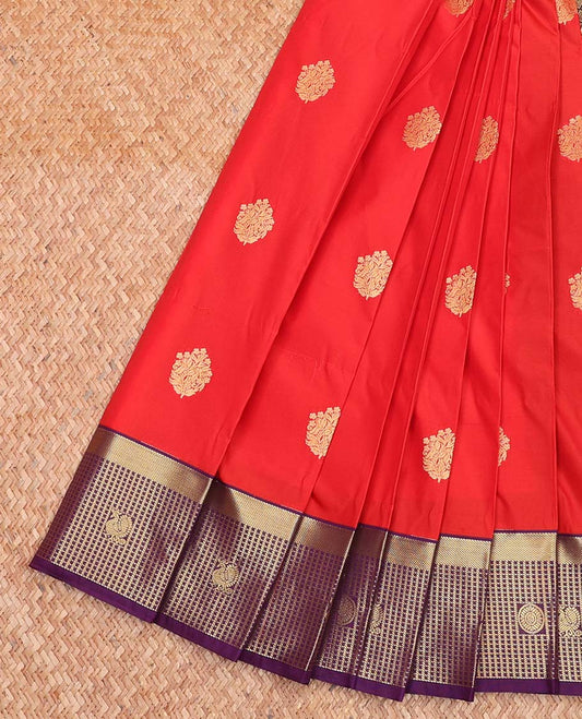 Red Budget Silk Saree, Enriched with Zari Buttas All Over Its Body, Complemented by a Contrast Checked Zari Border of Peacock-Chakram Designs, Intricately Designed Pallu, and Paired with a Contrast Blouse