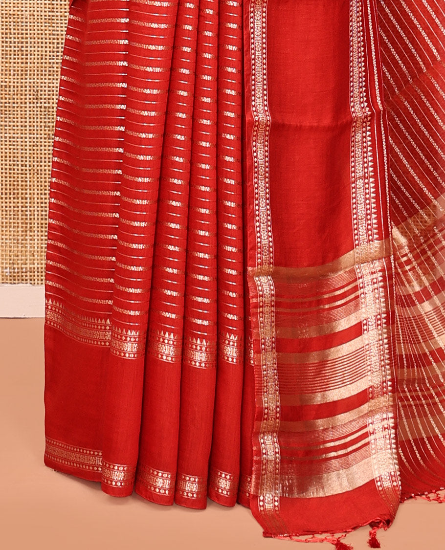 Red Assam Silk Saree, Detailed with Zari Stripes, Highlighted by a Traditional Border, Zari Striped Pallu, and a Matching Blouse
